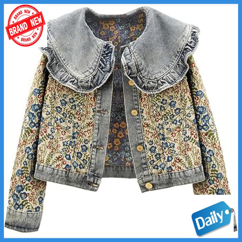 Long Sleeve Denim Jacket With Peter Pan Collar Jacquard Floral Pattern